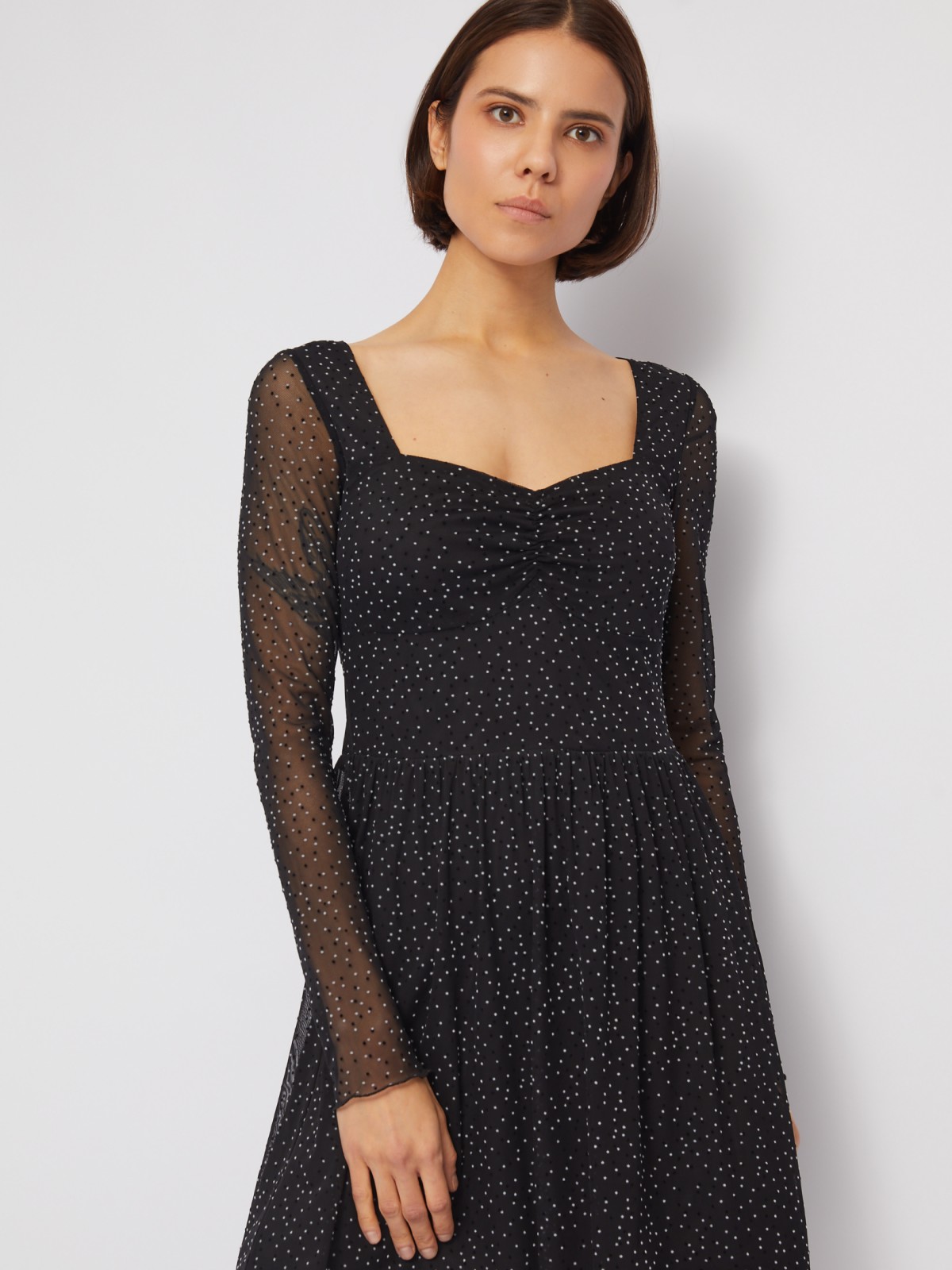 Платье мини в горошек из сетки с вырезом с драпировкой zolla 024138159021, цвет черный, размер XS - фото 3