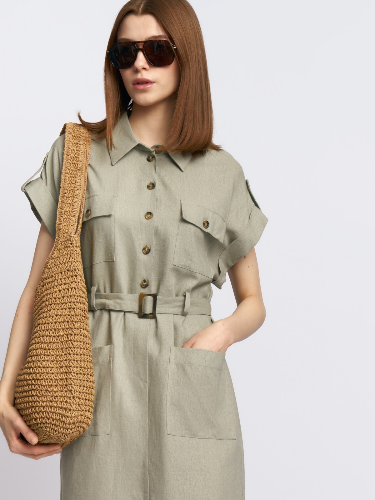 Льняное платье-рубашка в сафари-стиле