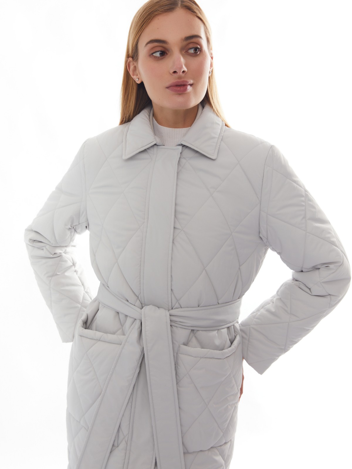 Утеплённое пальто с отложным воротником и поясом zolla 024125202094, цвет светло-серый, размер XS - фото 3
