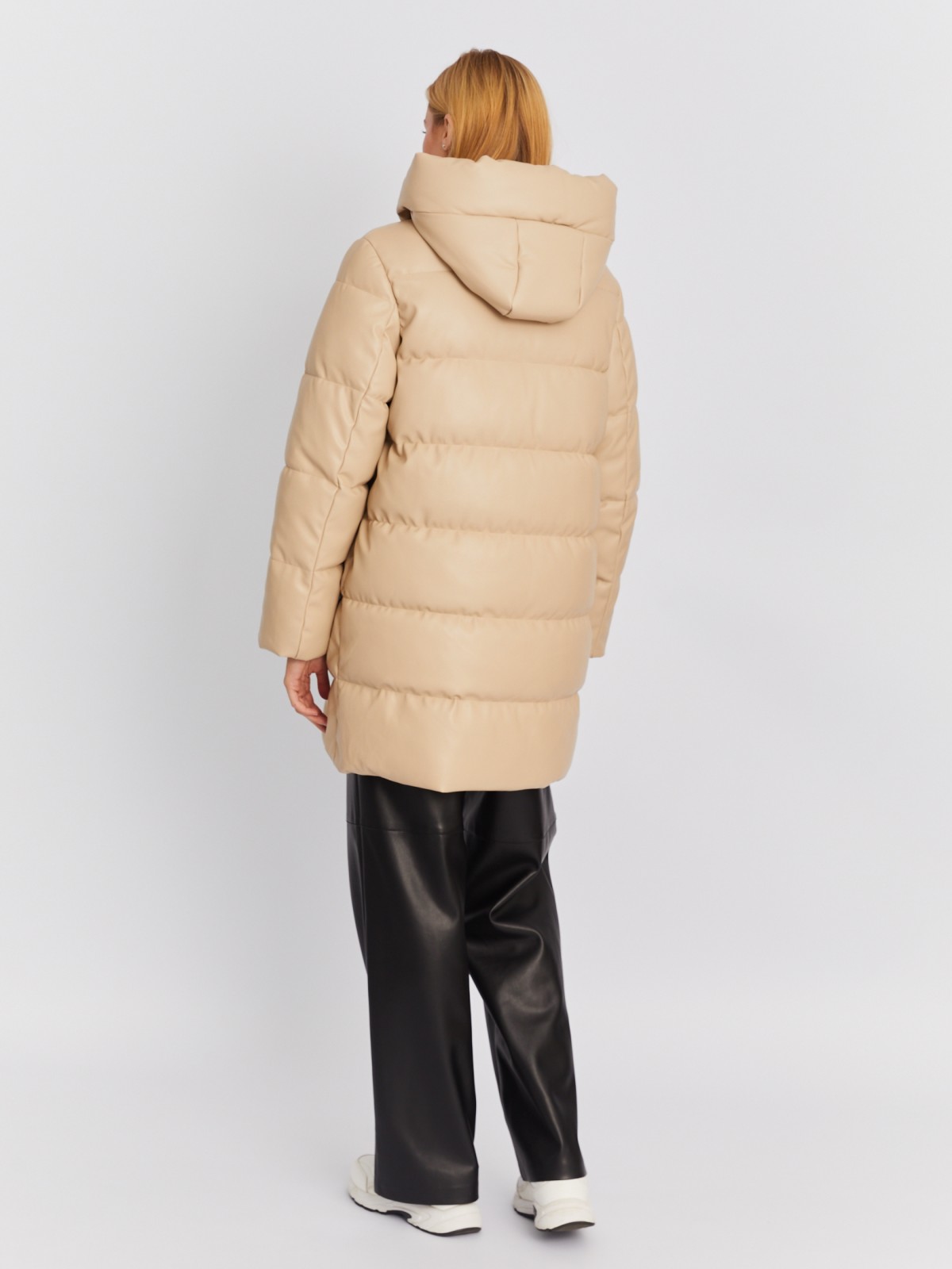 Тёплая стёганая куртка-пальто из экокожи с капюшоном