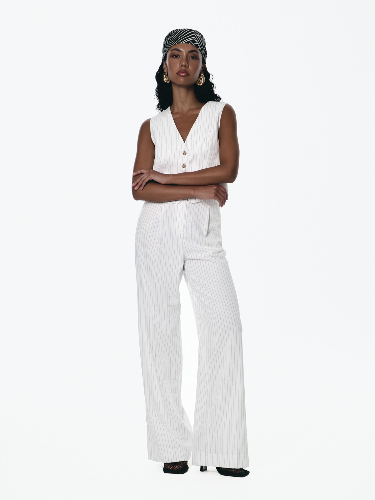 Льняные брюки прямого силуэта в полоску