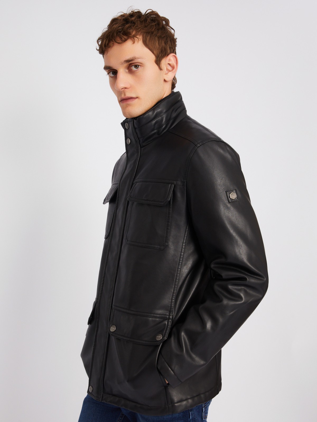 Утеплённая куртка из экокожи на синтепоне с воротником-стойкой zolla 013335102044, цвет черный, размер XXXL - фото 3