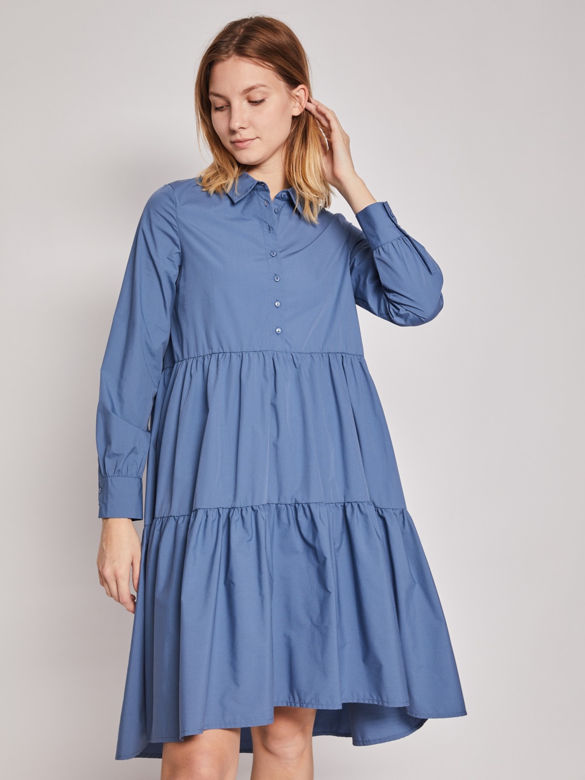 Ярусное платье-рубашка zolla 022138291223, цвет голубой, размер XS - фото 5