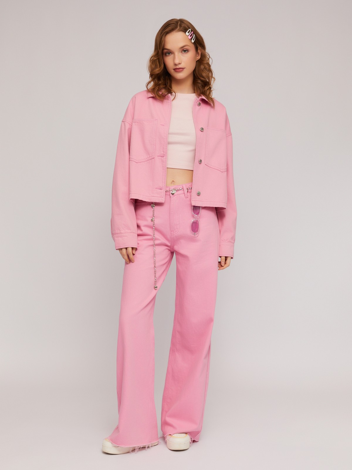 Джинсовая укороченная куртка оверсайз zolla 024235D4S063, цвет розовый, размер S - фото 2
