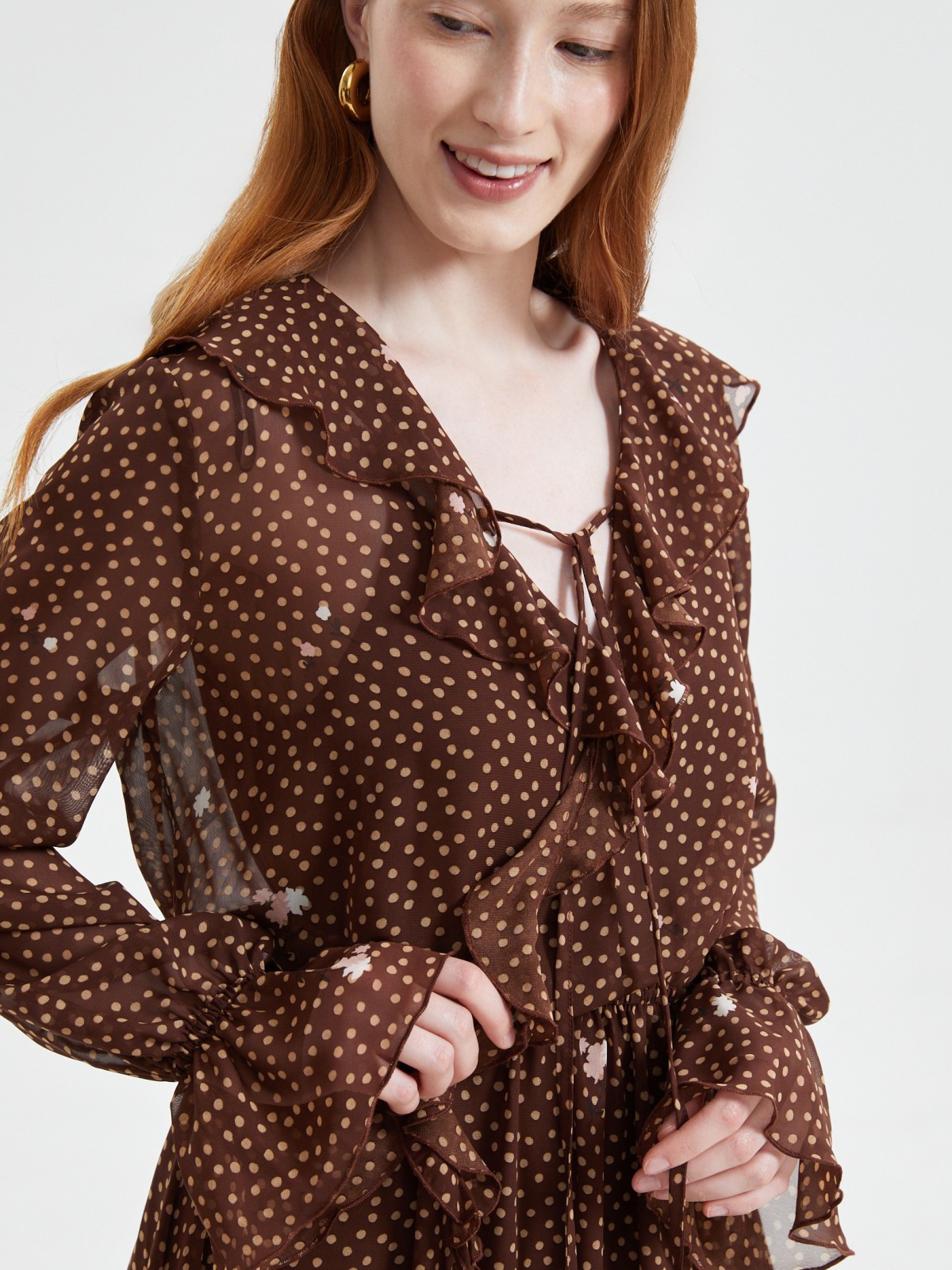 Платье миди из шифона с воланами