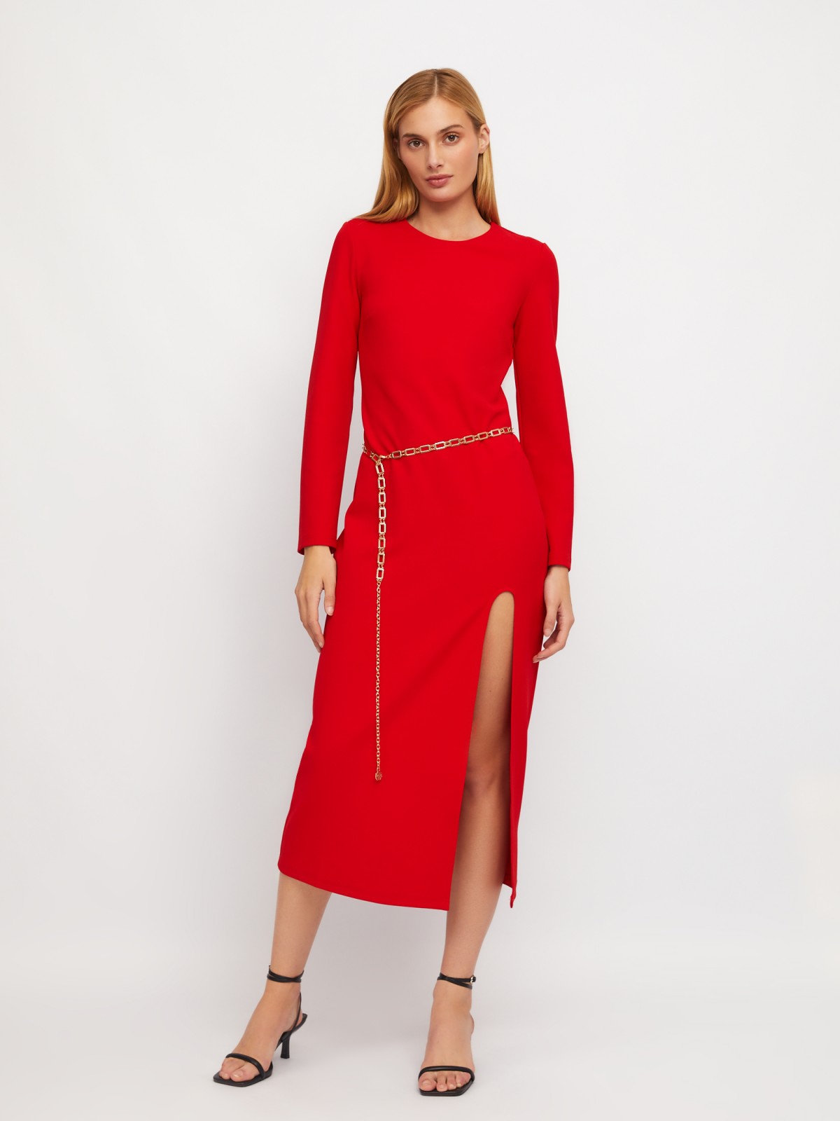 Платье длины миди с разрезом по ноге и поясом-цепочкой zolla 024118159081, цвет красный, размер XS - фото 2