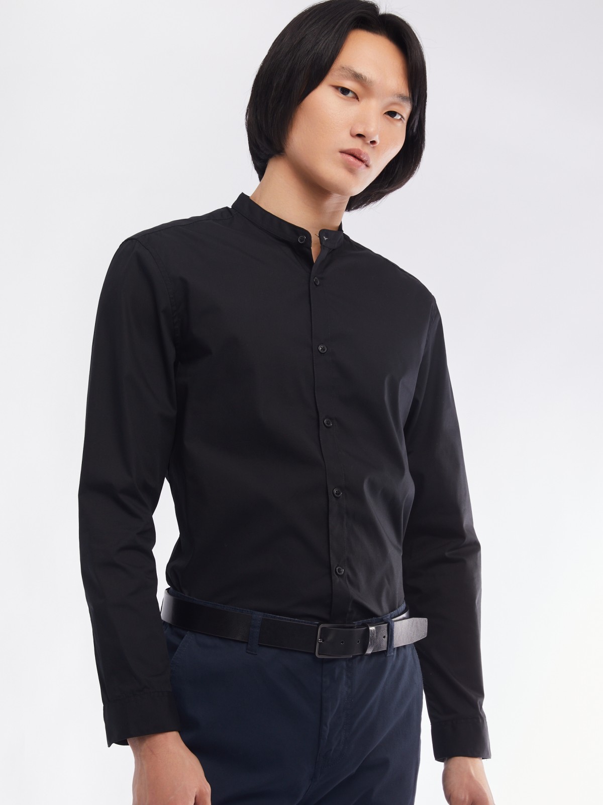 Офисная рубашка с воротником-стойкой и длинным рукавом zolla 01411217W072, цвет черный, размер S - фото 1