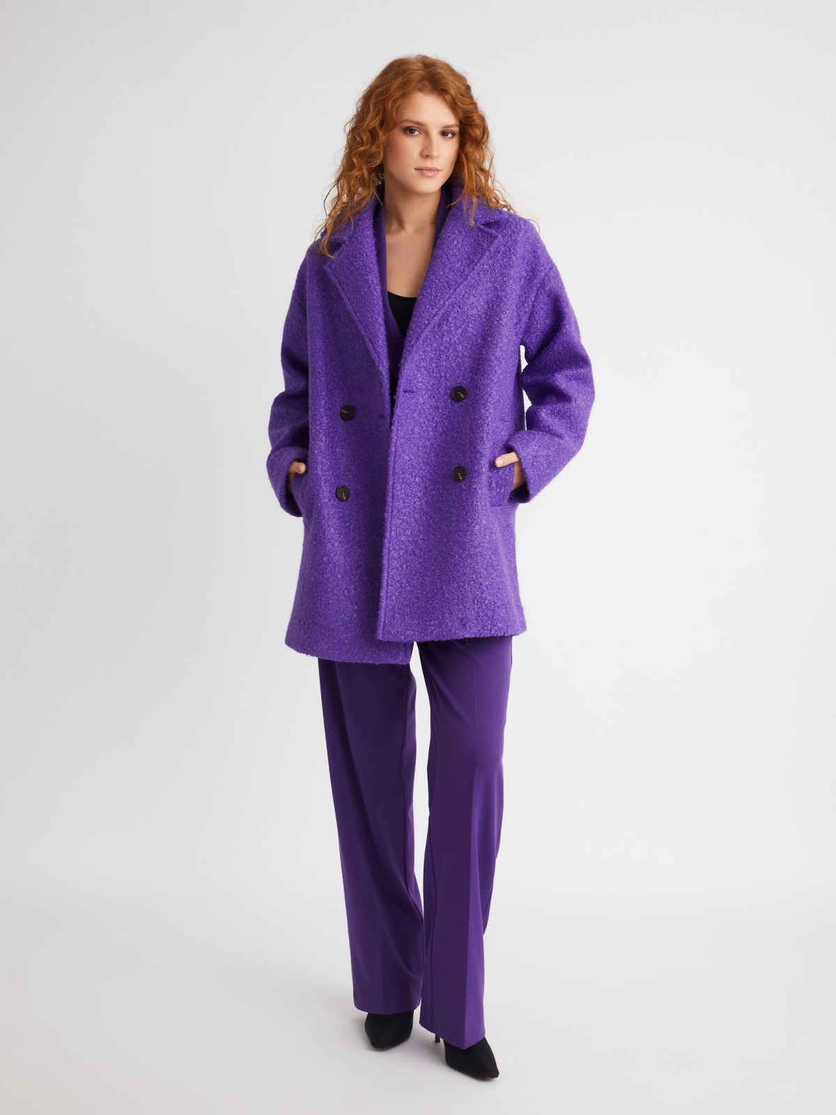Укороченное пальто из ткани букле без утеплителя на пуговицах zolla 023335807104, цвет сливовый, размер XS - фото 2