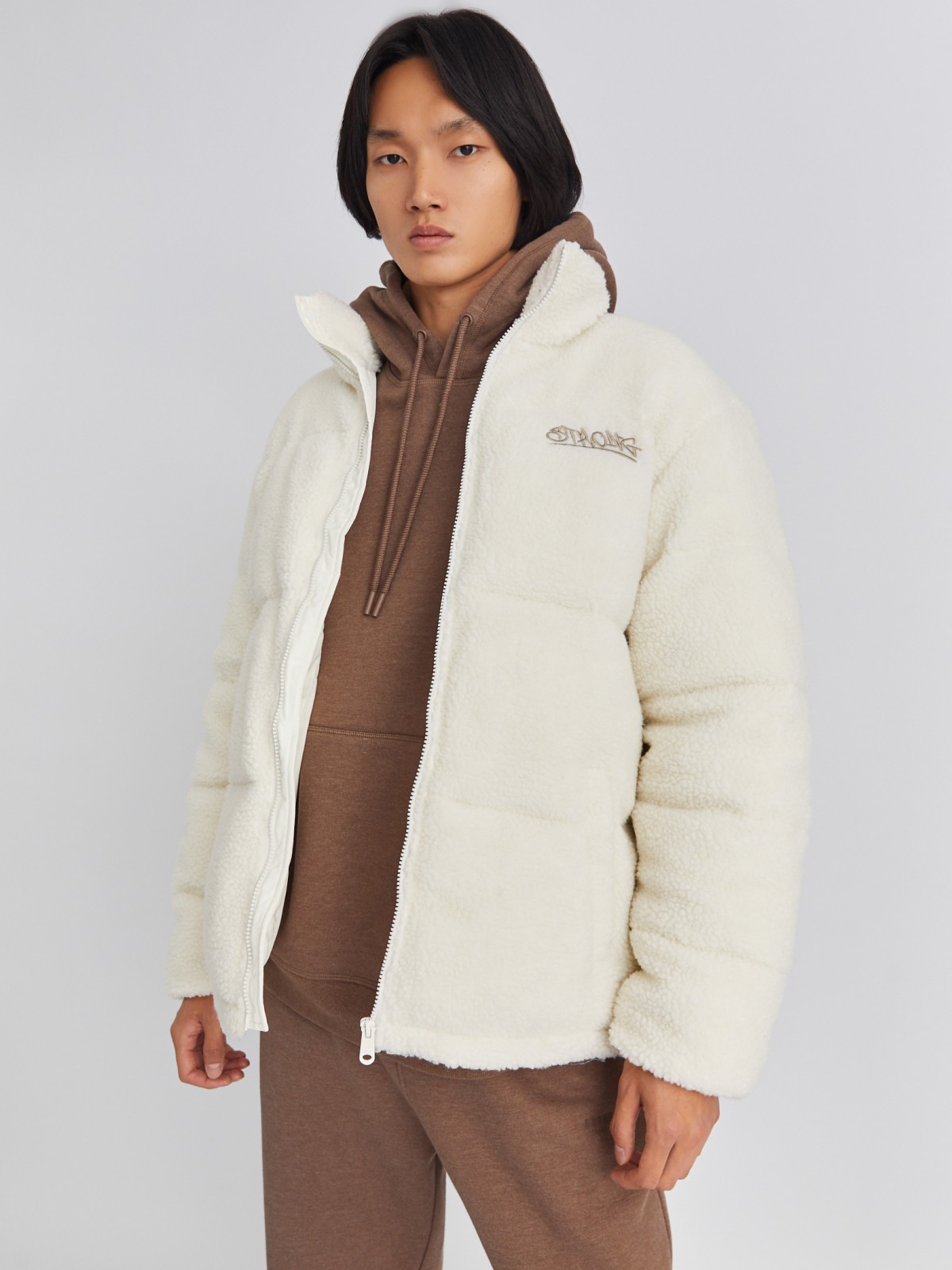 Тёплая куртка из экомеха с воротником-стойкой zolla 013425502024, цвет молоко, размер S/M