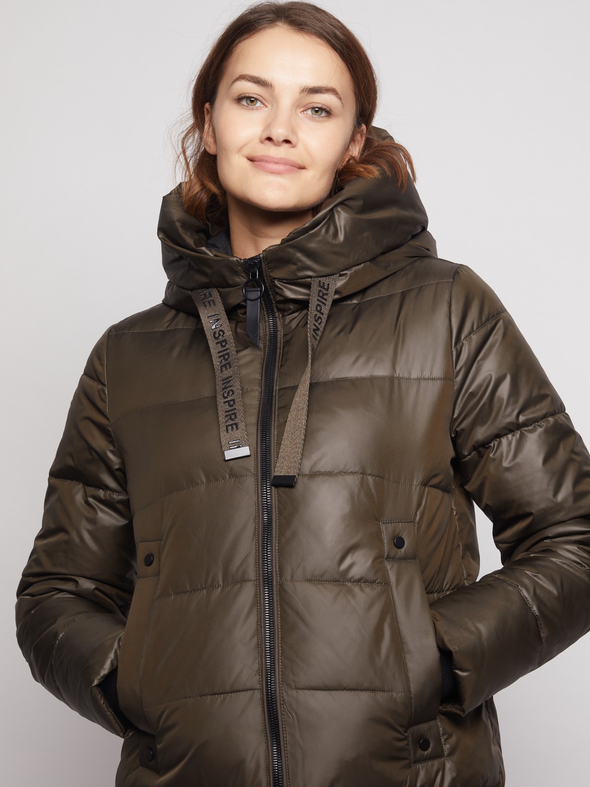 Утеплённое пальто с капюшоном zolla 020345212064, цвет хаки, размер XS - фото 2