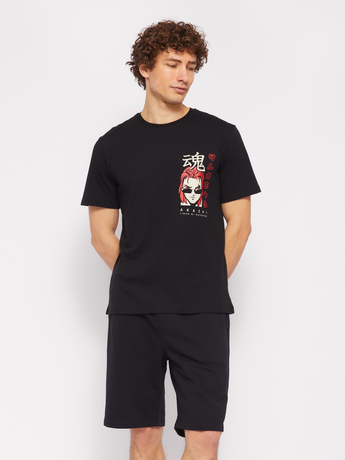 Футболка из хлопка с коротким рукавом и аниме принтом