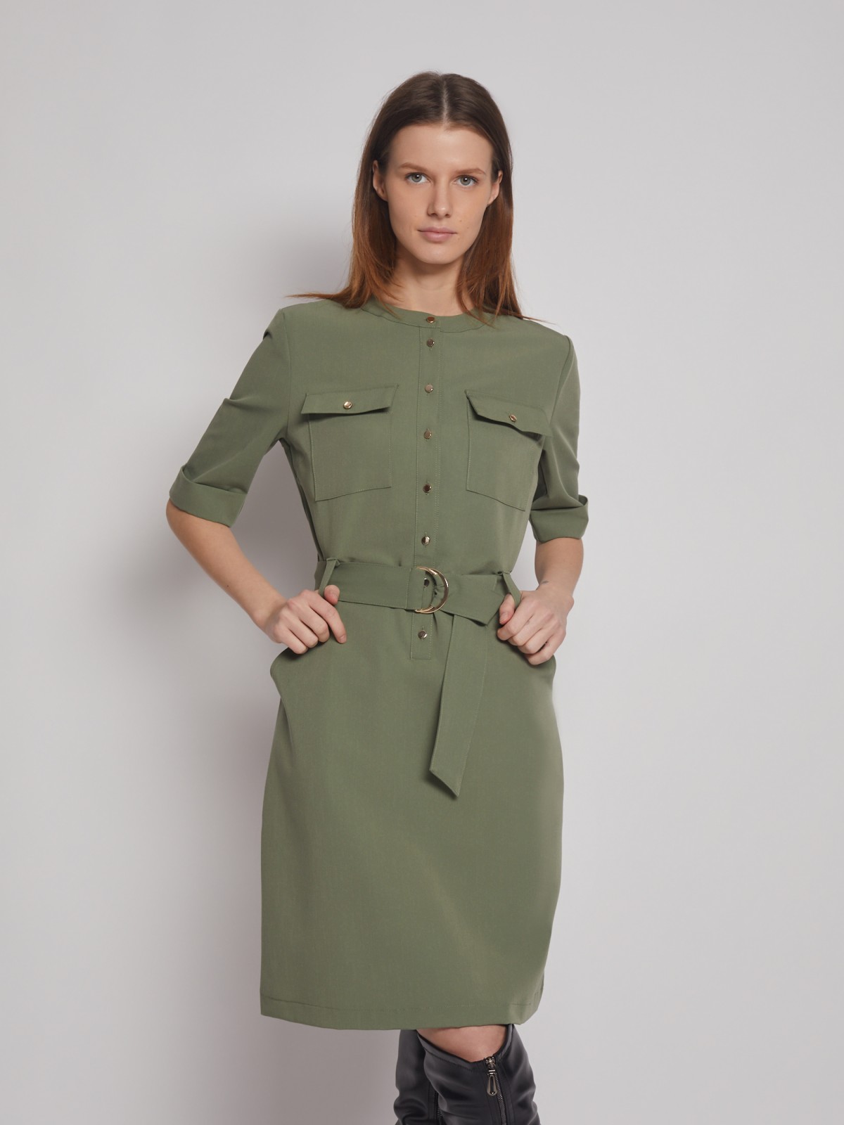 Платье-рубашка на кнопках цвета хаки с карманами - купить в интернет магазине Аржен
