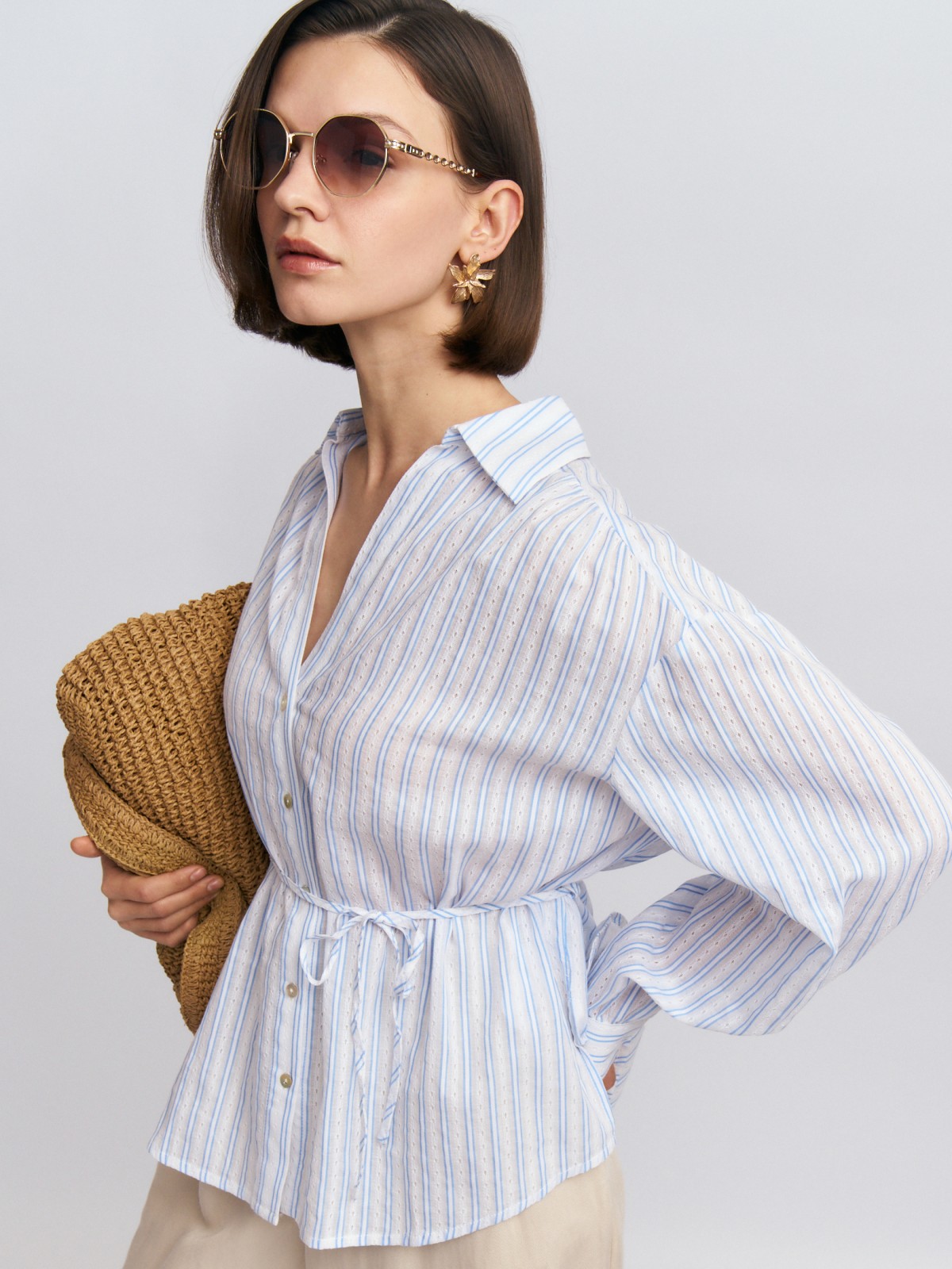 Блузка из хлопка в полоску с поясом