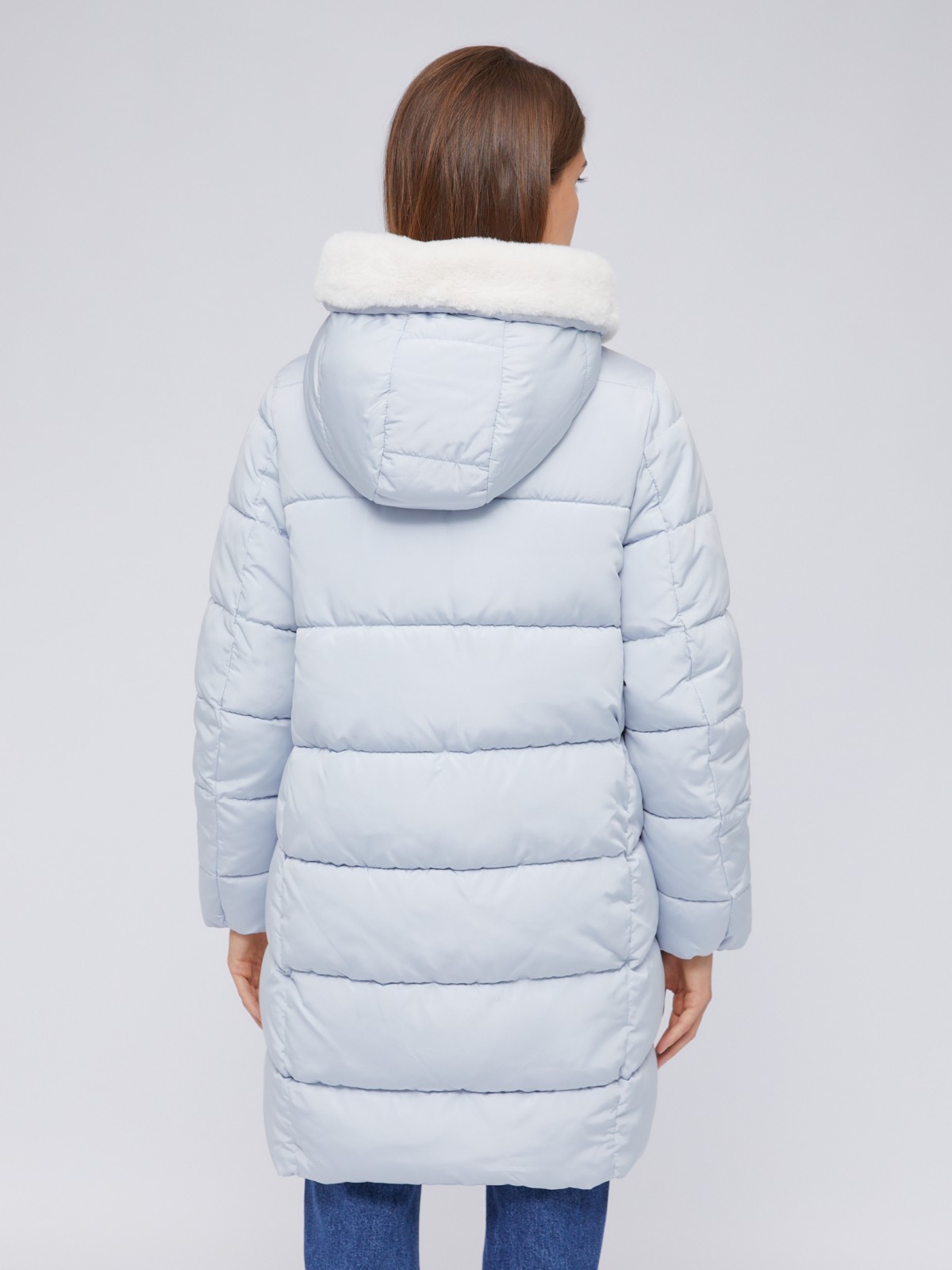 Тёплая куртка-пальто с капюшоном и отделкой из экомеха