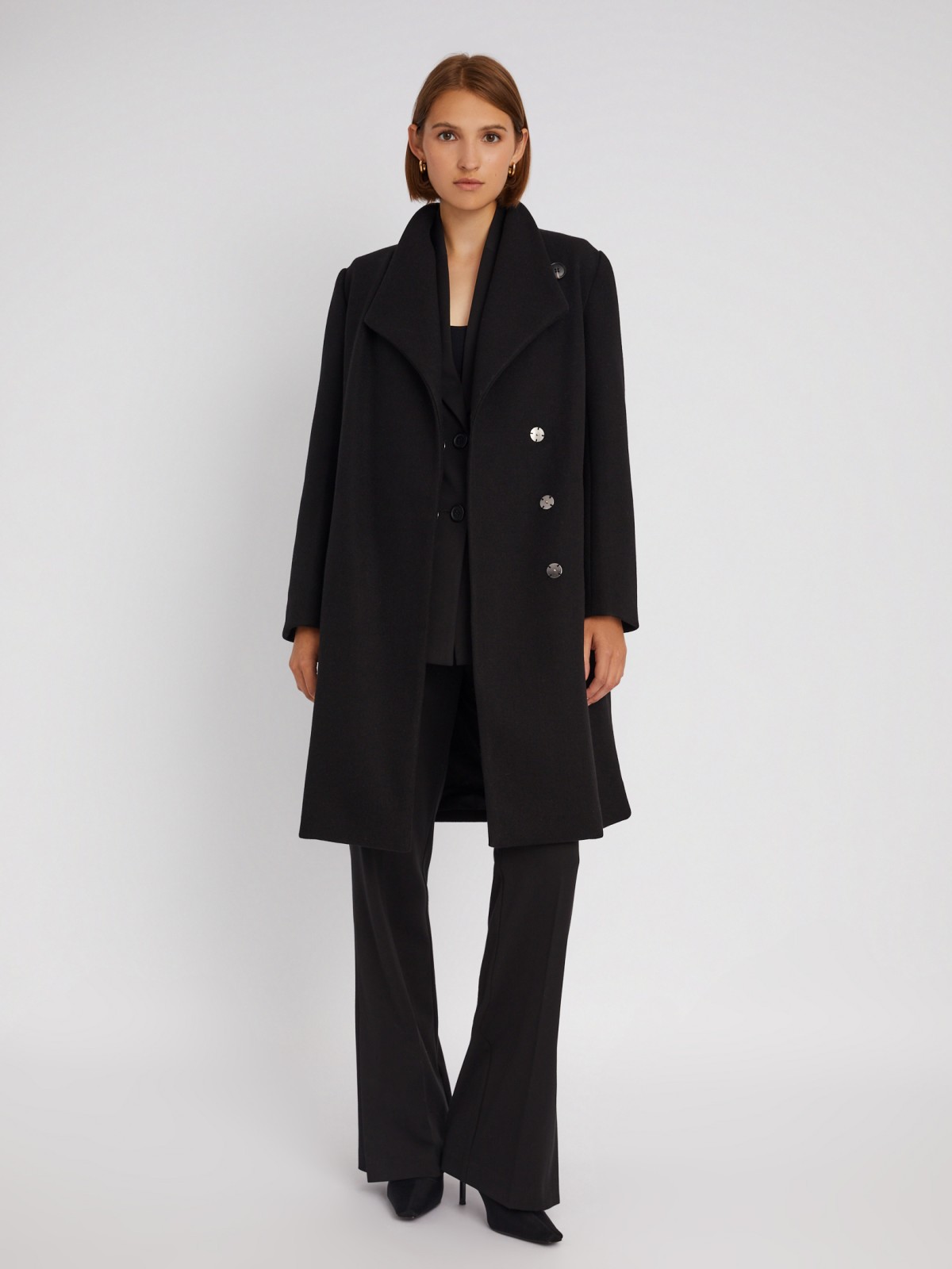 Укороченное пальто без утеплителя на кнопках с воротником на запах и поясом zolla 023335866124, цвет черный, размер S - фото 2