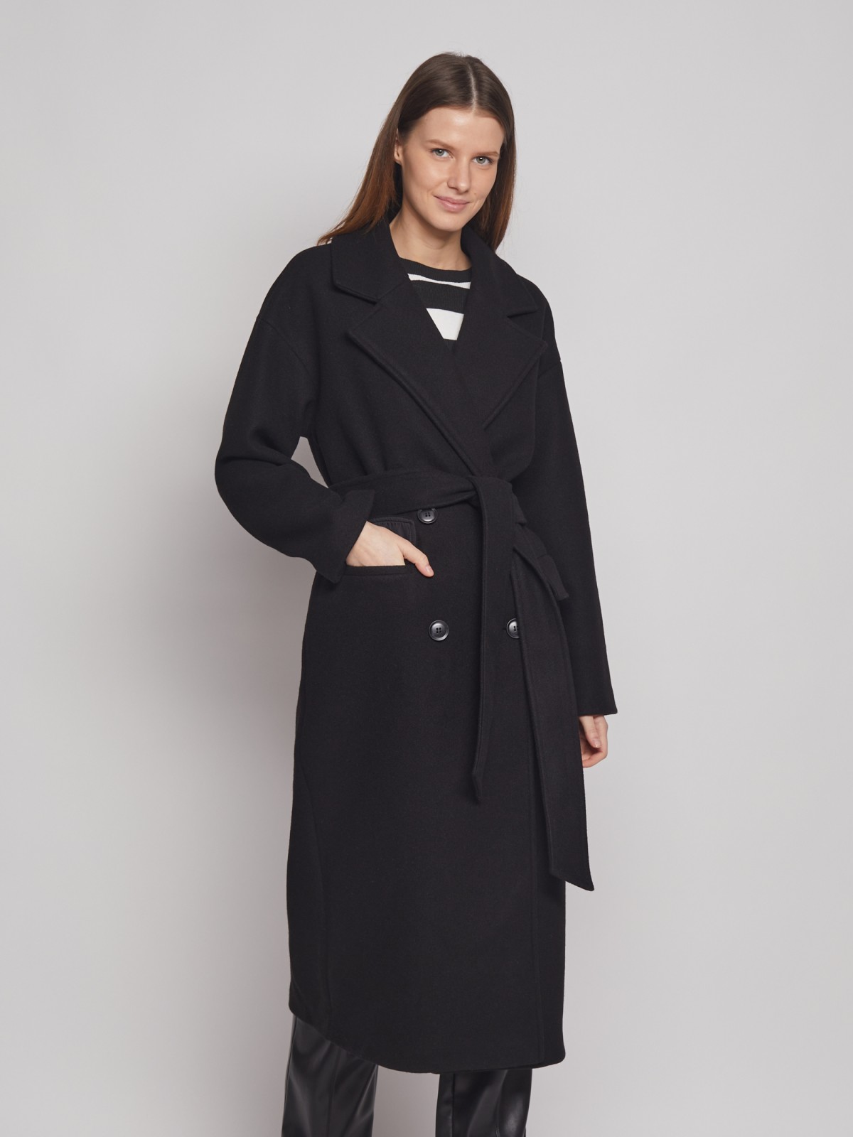 Двубортное пальто с поясом zolla 023125857054, цвет черный, размер XS