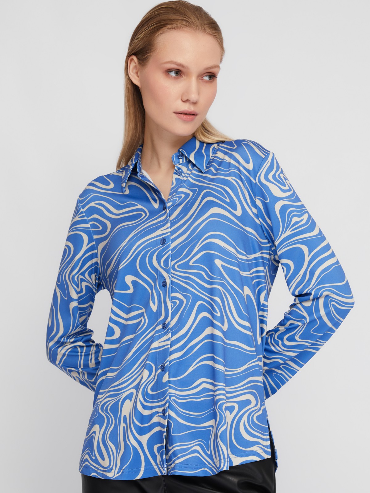 Рубашка из принтованного трикотажа с длинным рукавом zolla 024111159493, цвет голубой, размер XS - фото 4