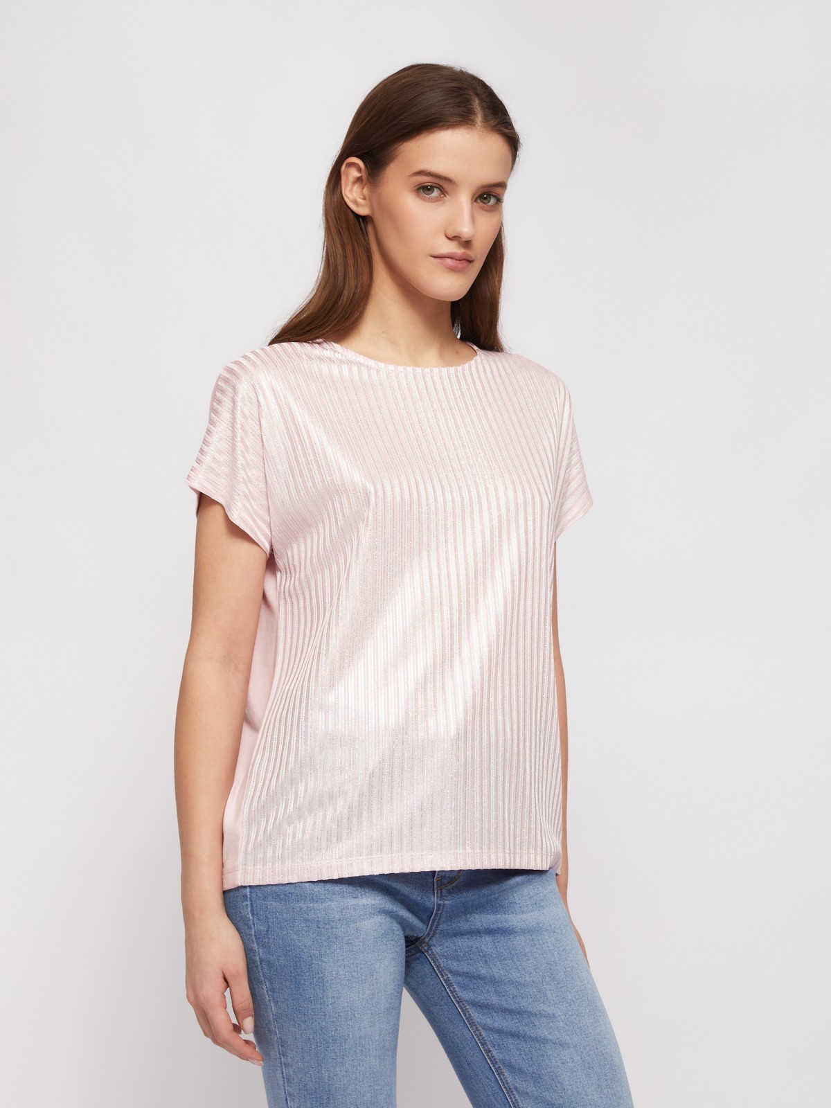 Трикотажный комбинированный топ-блузка с блеском zolla 024223226033, цвет розовый, размер XS - фото 4