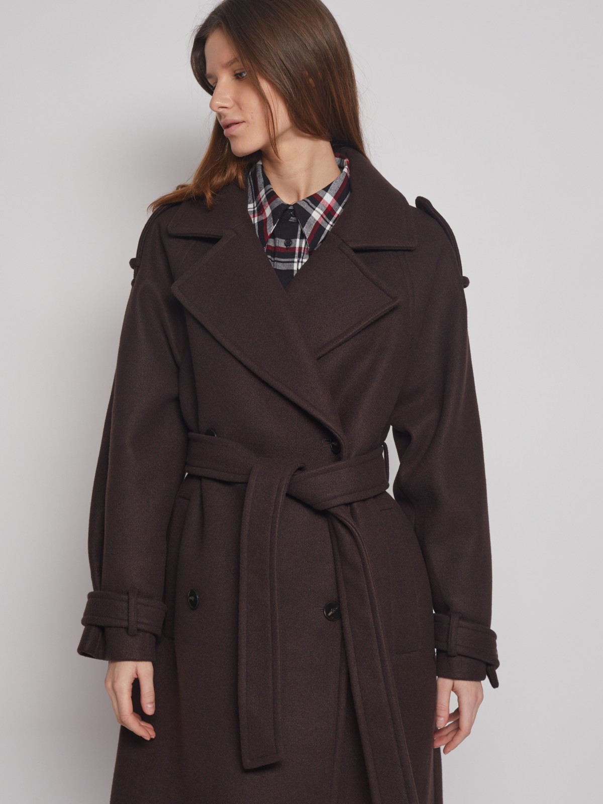 Двубортное пальто-тренч с поясом zolla 02312580Y044, цвет коричневый, размер XS - фото 4