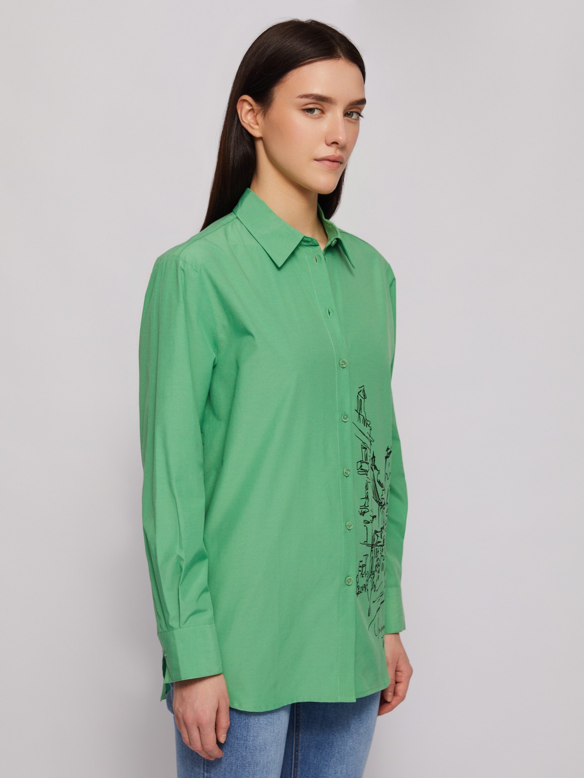 Рубашка прямого фасона с принтом zolla 024221159313, цвет зеленый, размер M - фото 5