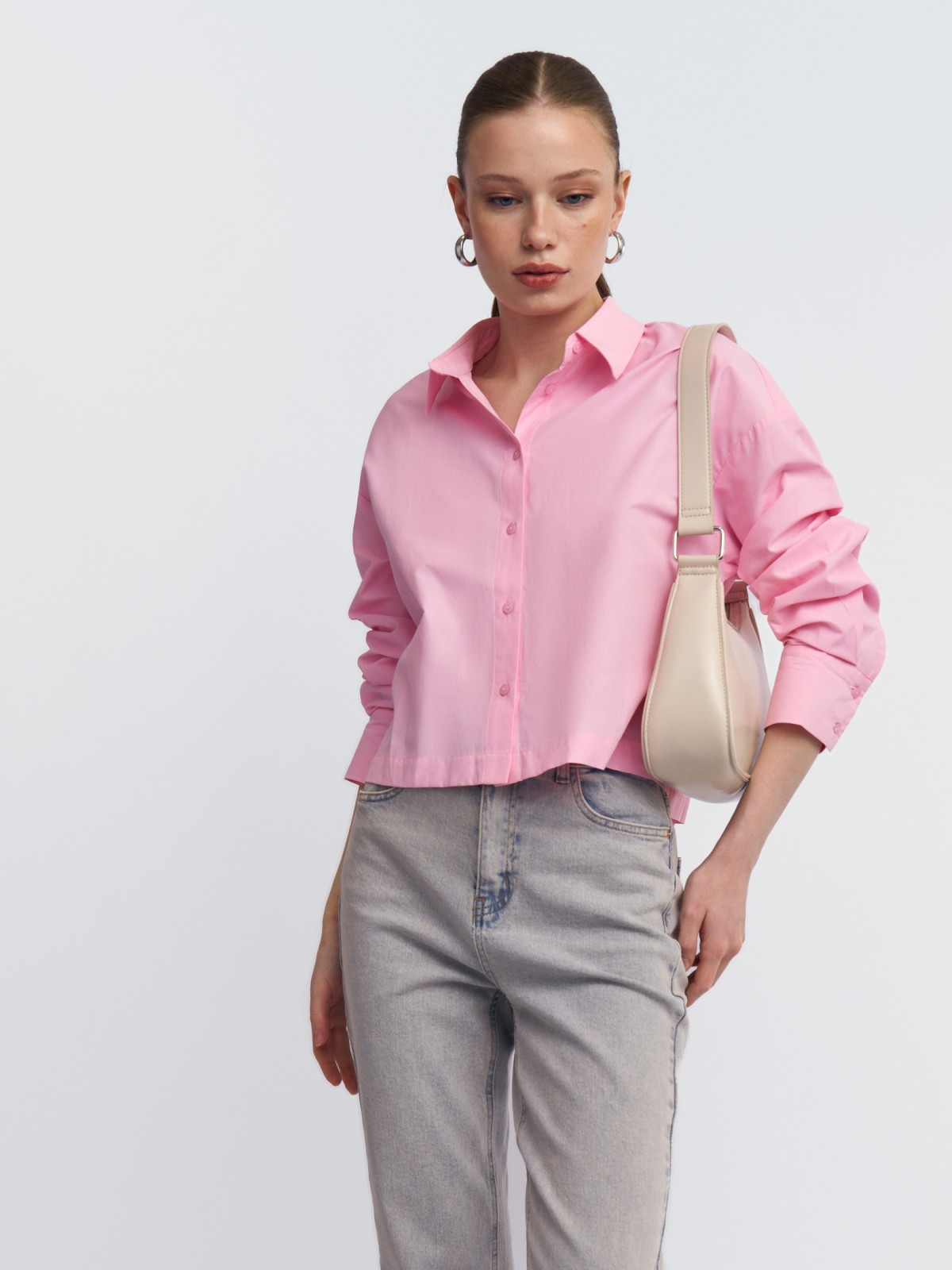 Укороченная однотонная рубашка с длинным рукавом