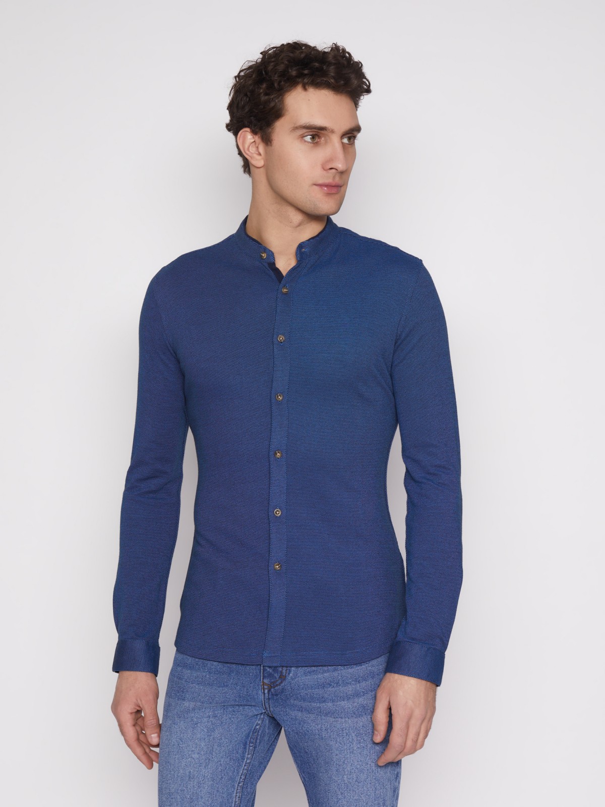 Рубашка с воротником-стойкой zolla 012132159023, цвет темно-синий, размер S - фото 3
