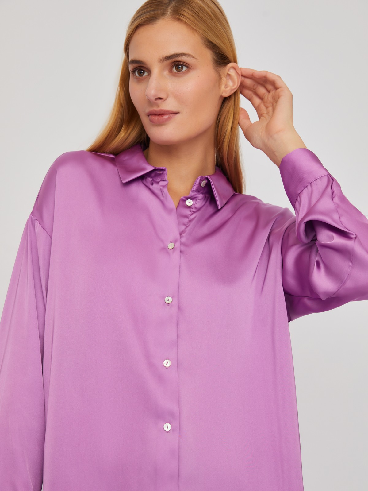 Рубашка оверсайз силуэта из атласной ткани zolla 02411117Y033, цвет фиолетовый, размер XS - фото 5