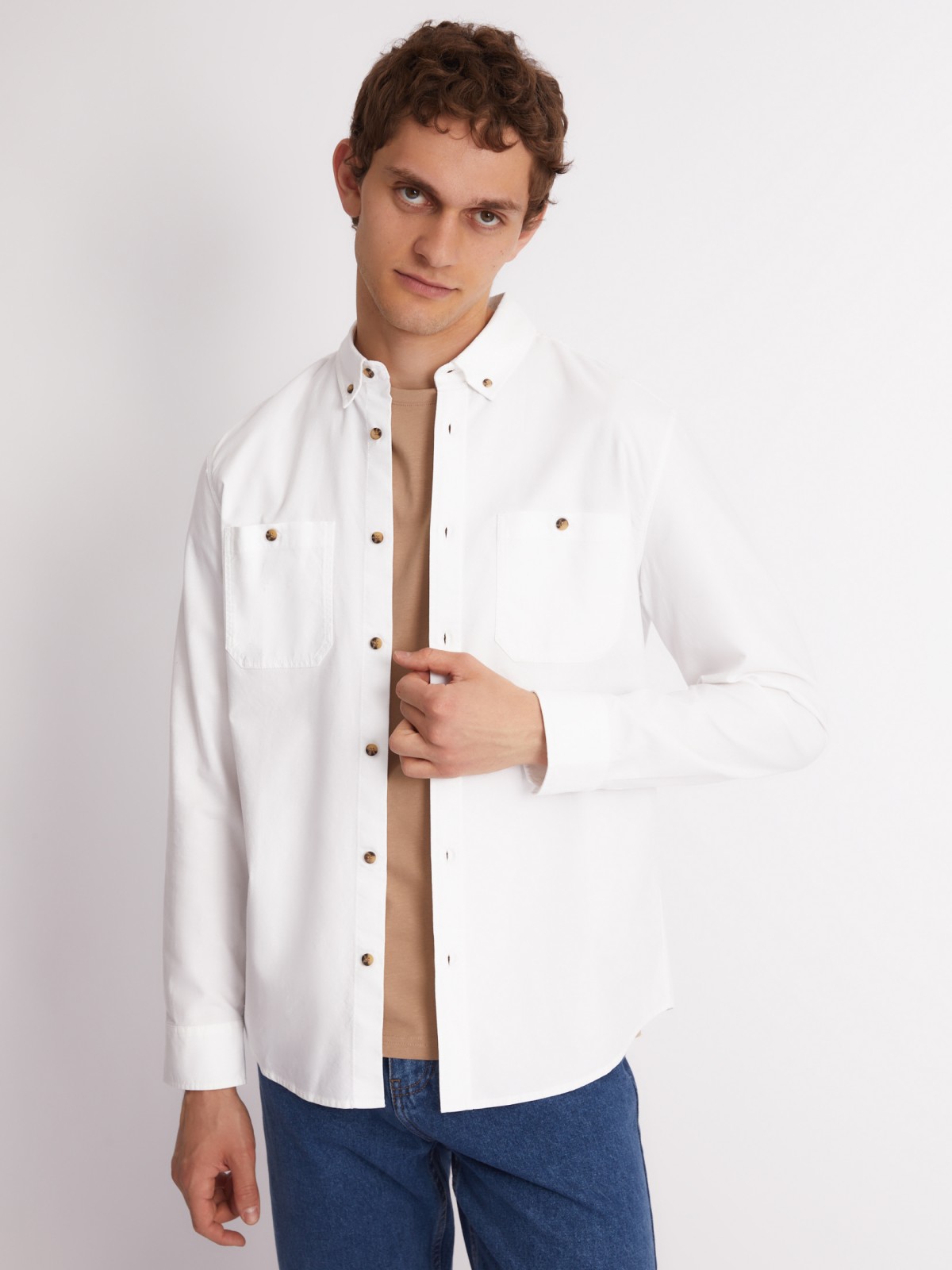 Рубашка прямого силуэта из хлопка с длинным рукавом zolla 213312139043, цвет белый, размер S - фото 3