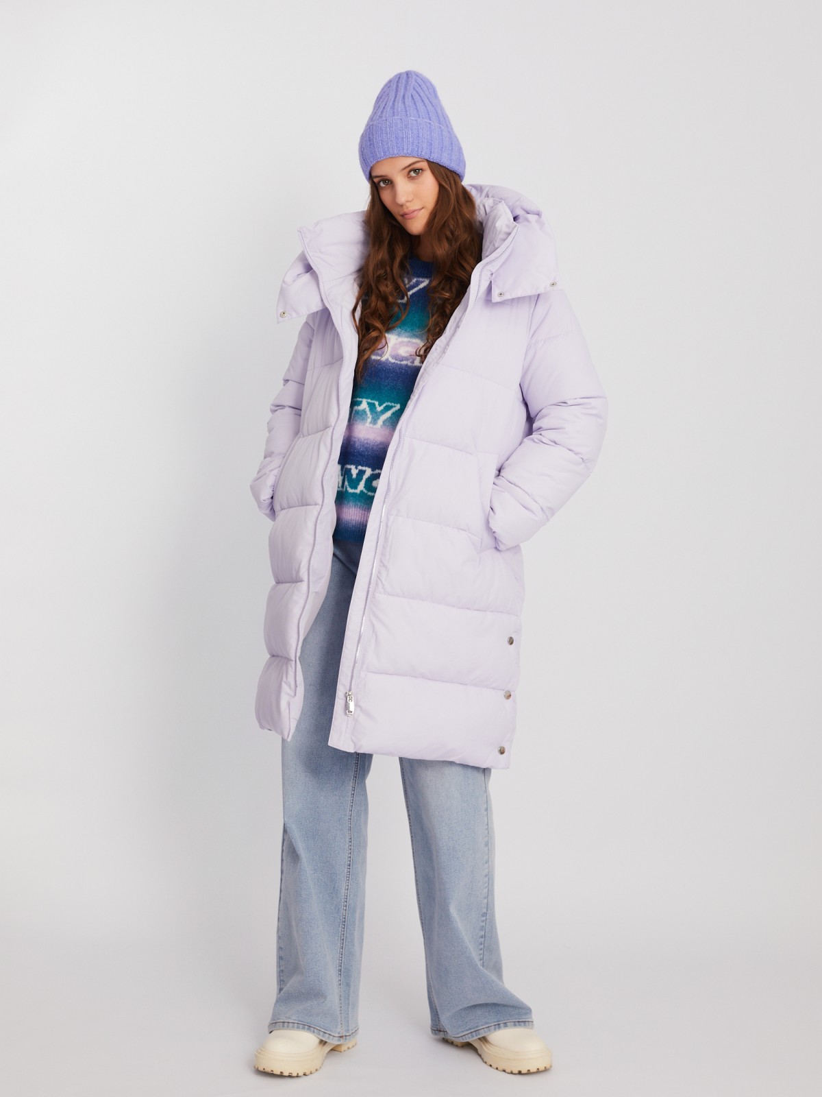 Тёплая куртка-пальто с капюшоном и боковыми шлицами на кнопках zolla 023425202074, цвет лиловый, размер XS - фото 2