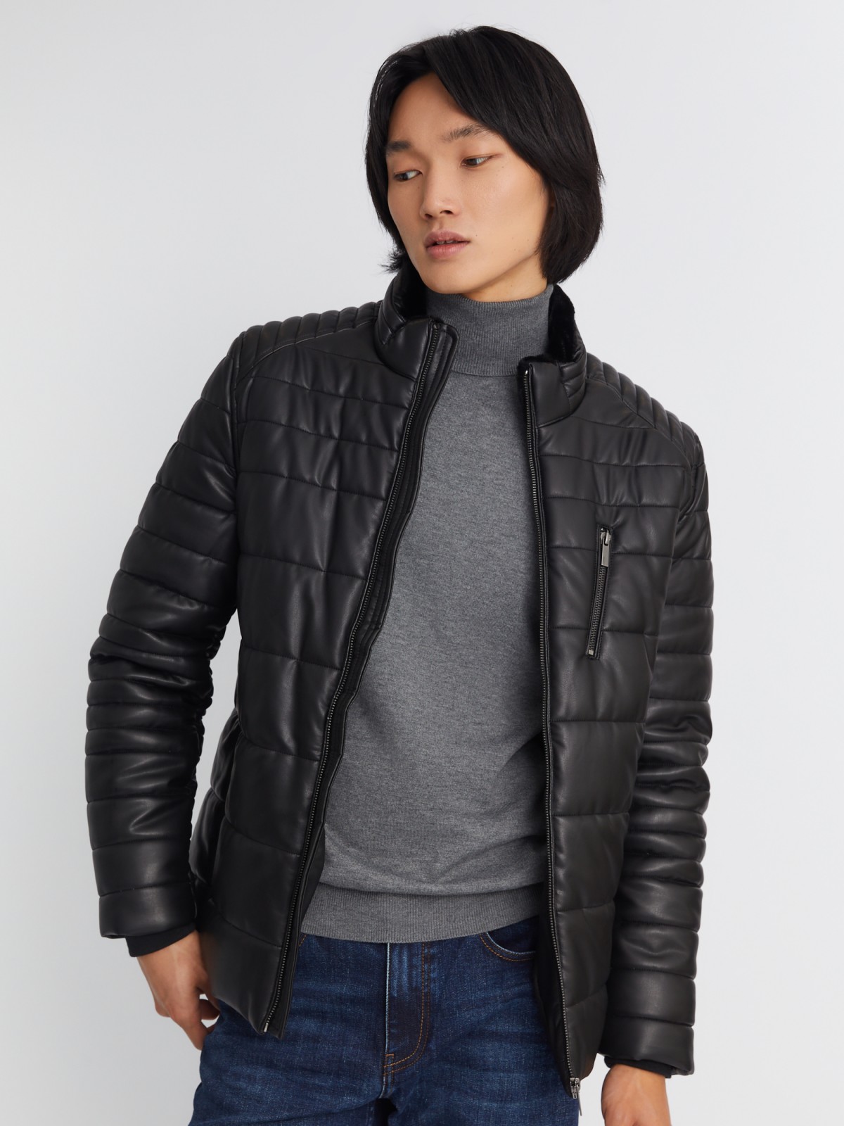 Тёплая стёганая куртка из экокожи на синтепоне с воротником-стойкой zolla 013345150014, цвет черный, размер S - фото 1