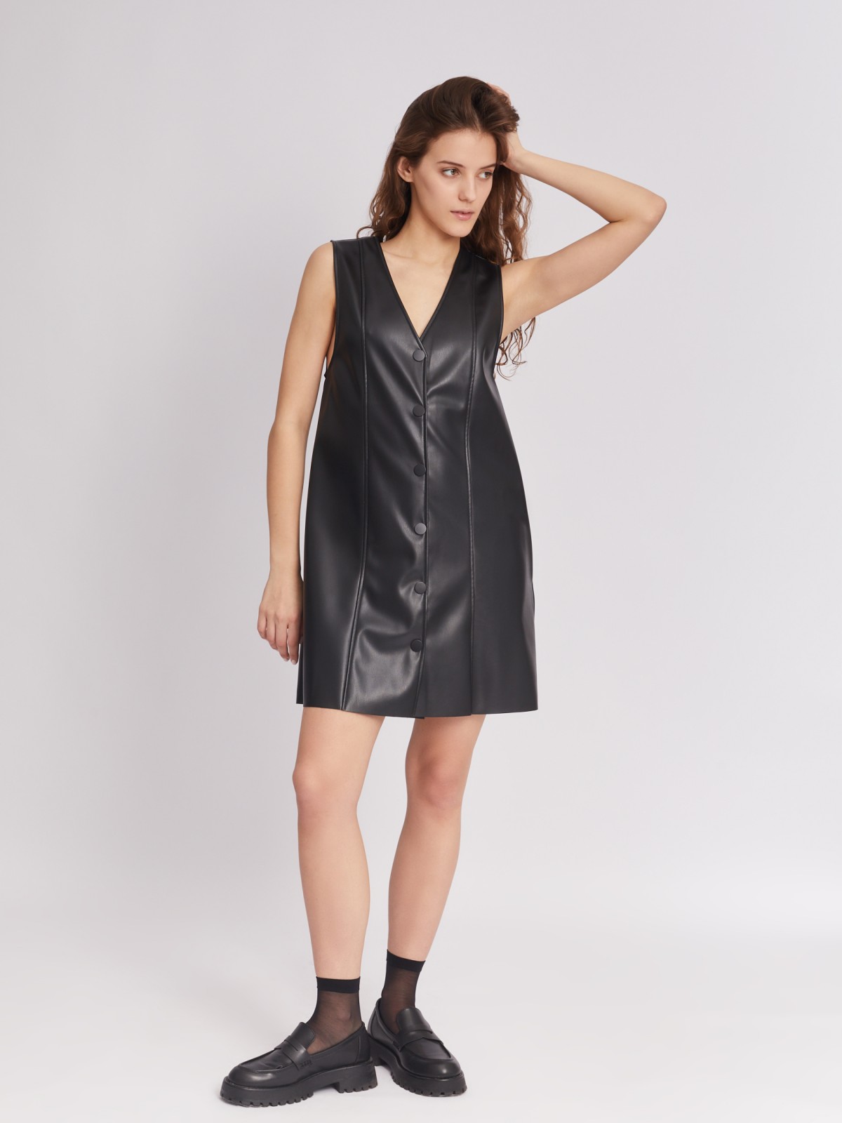 Платье-сарафан длины мини без рукавов из экокожи на кнопках zolla 223338259051, цвет черный, размер XS - фото 2
