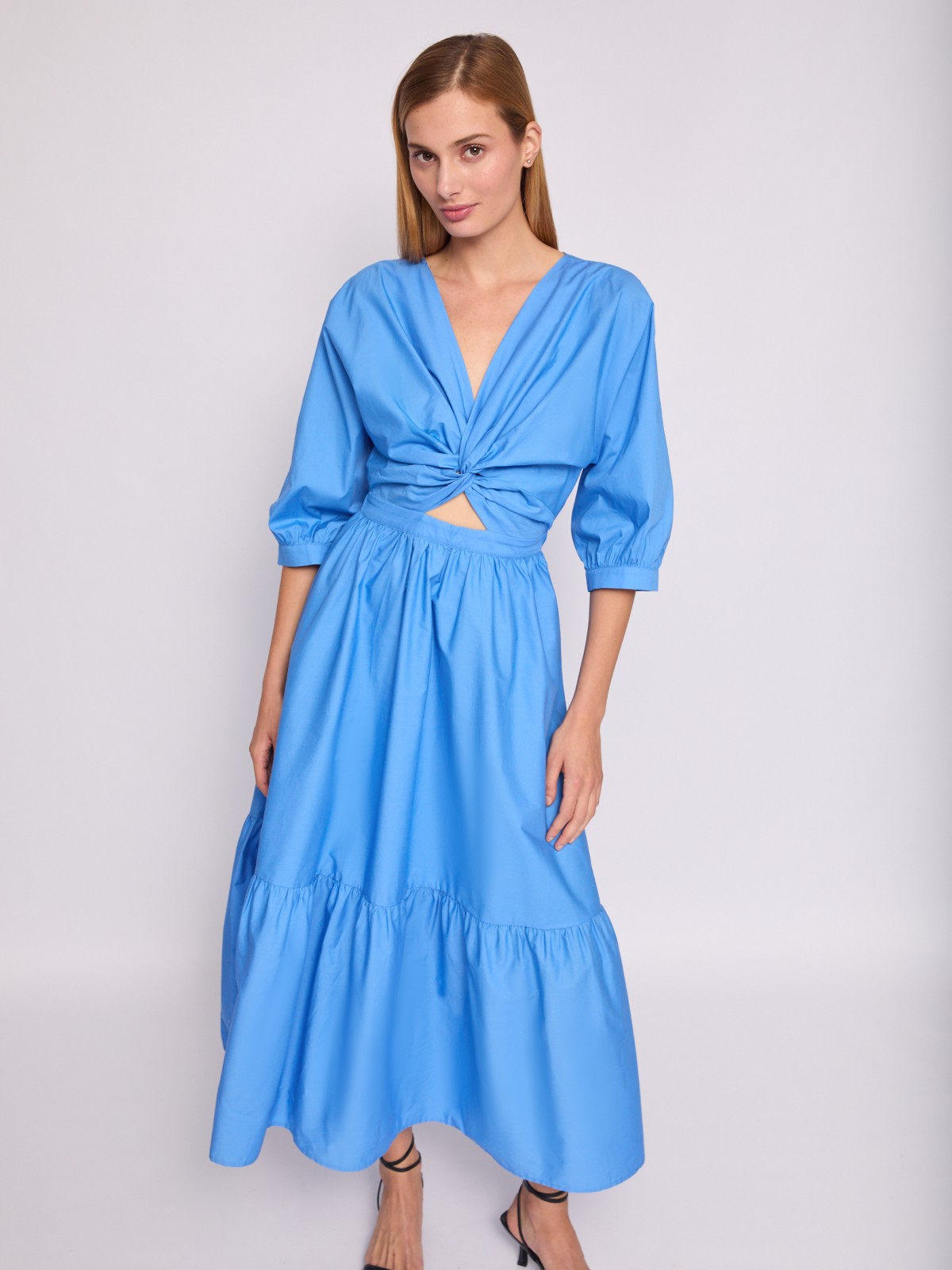 Ярусное платье миди из хлопка с вырезом zolla 024238239201, цвет голубой, размер L