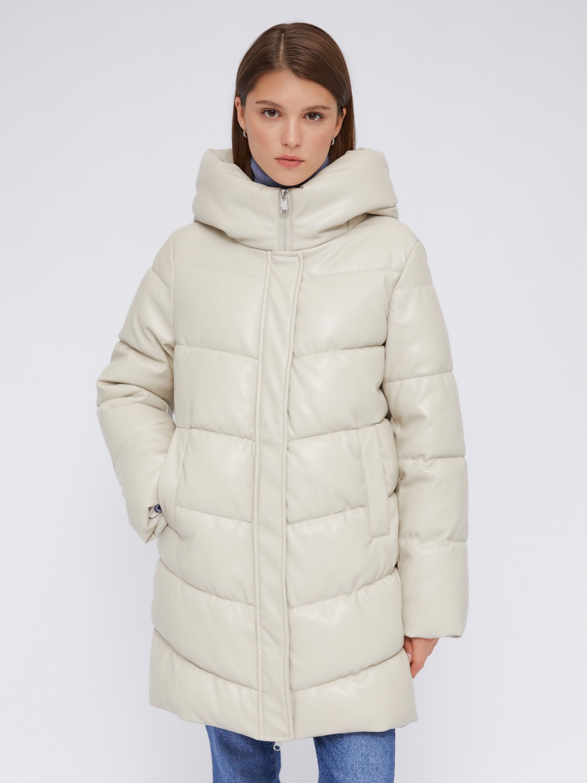 Тёплая стёганая куртка-пальто из экокожи с капюшоном