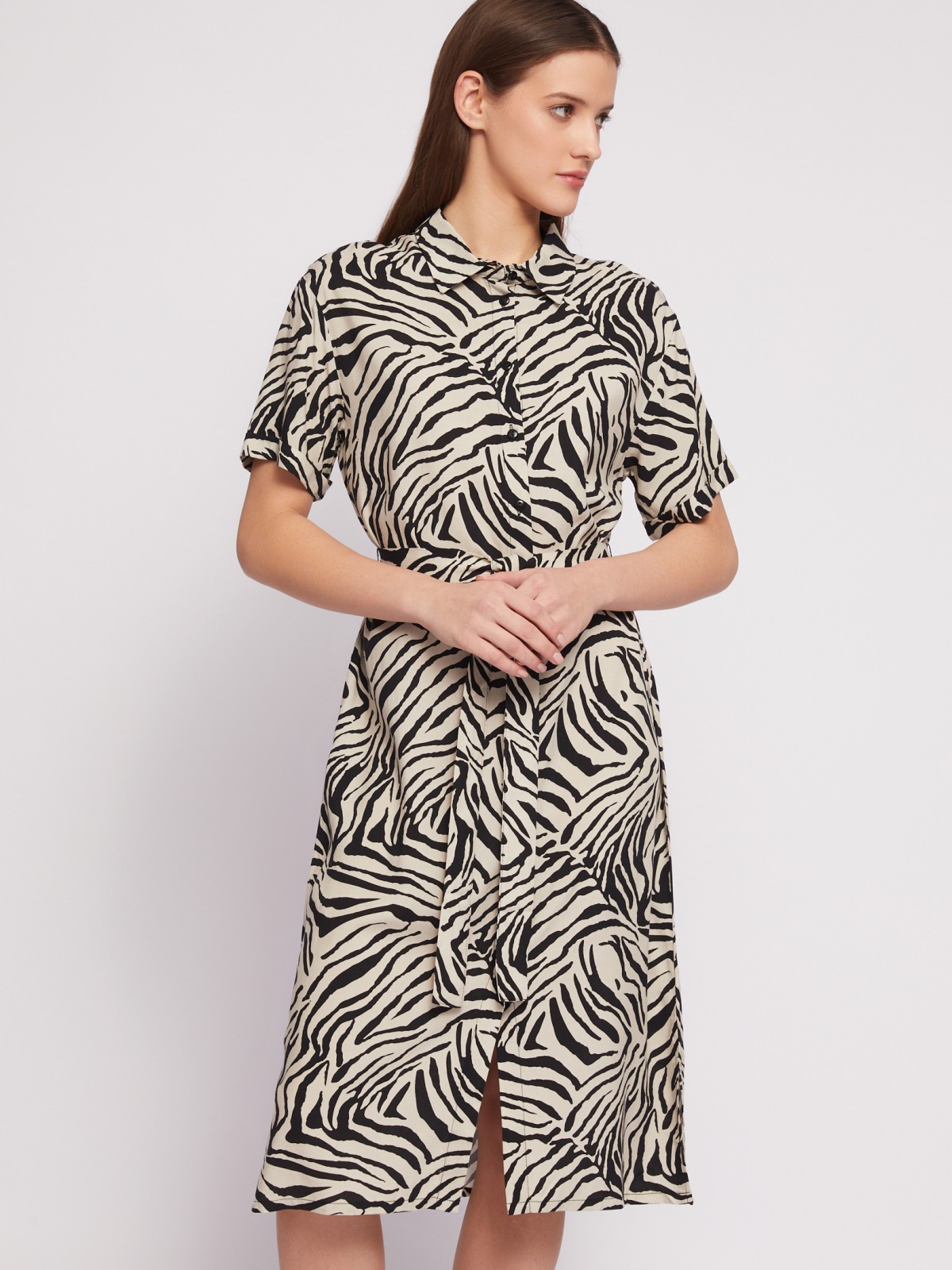 Платье-рубашка с поясом и принтом в полоску zolla N24218259013, цвет черный, размер S - фото 4