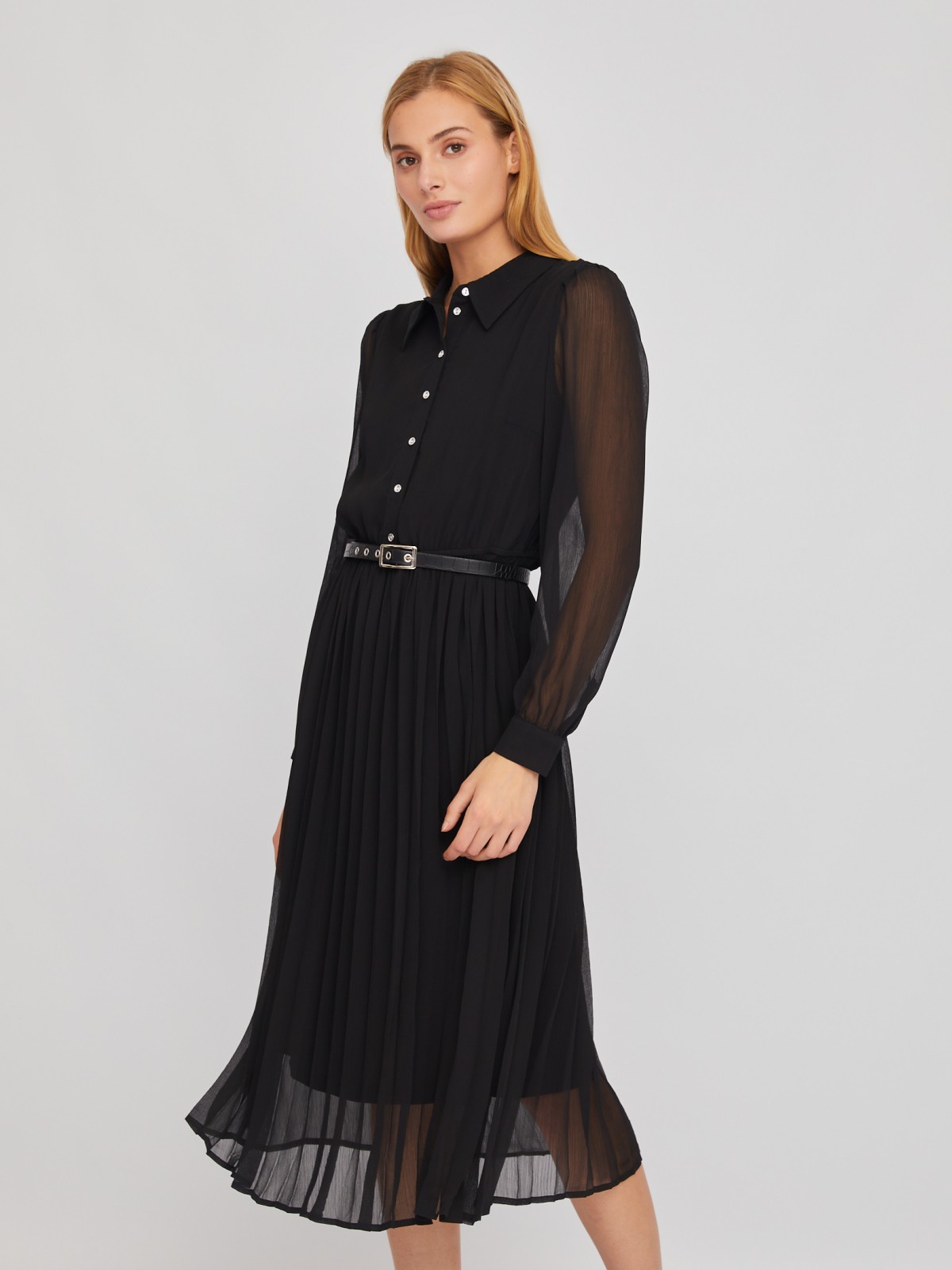 Шифоновое платье-рубашка длины миди с плиссировкой и акцентном на талии zolla 024118262033, цвет черный, размер S