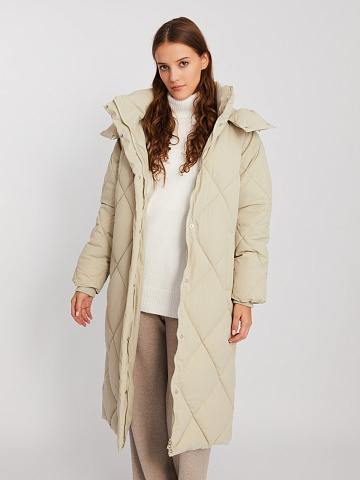 Тёплая стёганая куртка-пальто с капюшоном и поясом