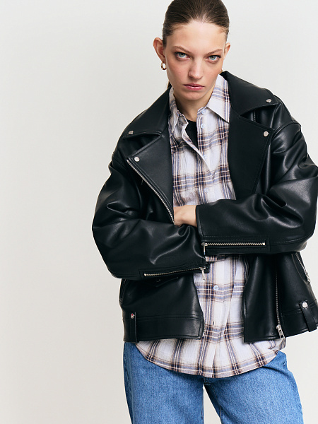 Qoo　0527 Кожаная куртка-косуха 022325602024, цвет Черный, артикул